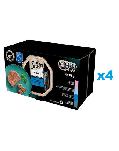 SHEBA Classics Rybie príchute tácky 32×85g Kompletné mokré krmivo pre dospelé mačky s lososom, bielou rybou a mrkvou, tuniakom a zeleninou, treskou