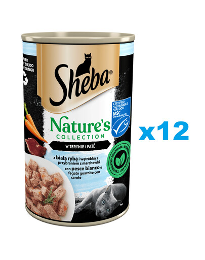 SHEBA Nature's Collection 12×400 g Konzerva s bielou rybou a pečeňou pre mačky