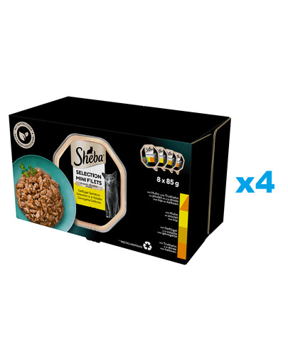 SHEBA Selection Hydinové príchute vaničky 32x85 g kompletné krmivo pre dospelé mačky v omáčke kúsky s kuracím a morčacím, kuracím, hydinovým, morčacím