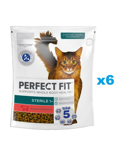 PERFECT FIT Sterile 1+ 6x750 g kompletné suché krmivo pre dospelé mačky s vysokým obsahom hovädzieho mäsa