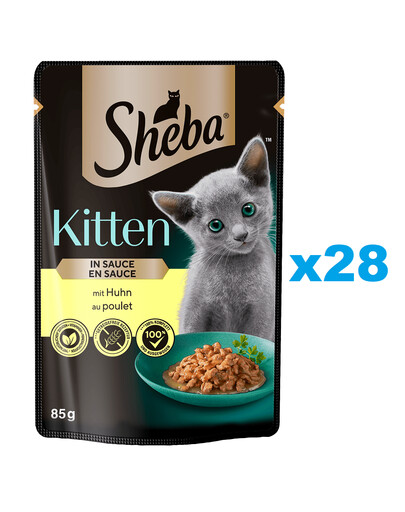 SHEBA Kitten kapsička 28x85 g Kompletné mokré krmivo pre mačiatka s kúskami kuracieho mäsa v omáčke