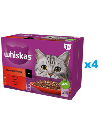WHISKAS Adult vrecúško 48x85g Classic Meals krmivo pre mačky v omáčke kúsky s hovädzím, kuracím, jahňacím, hydinovým mäsom