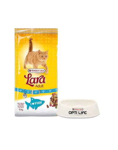 VERSELE-LAGA Lara dospelé krmivo pre mačky s lososom 10 kg + plastová miska pre mačky GRATIS