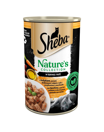 SHEBA konzerva 400 g Nature's Collection s morčacím mäsom, kuracími srdiečkami a rybím olejom s mrkvovou oblohou vo vaničke