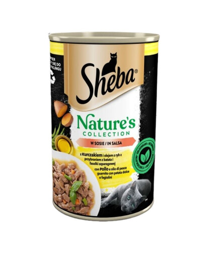SHEBA konzerva 400 g Nature's Collections kuracím a rybím olejom s oblohou zo sladkých zemiakov a zelených fazuľiek v omáčke