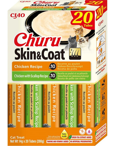 INABA Churu Cat Skin Coat 20x14g kura, kuracie mäso a hrebenatky smotanová pochúťka pre mačku