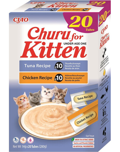 INABA Churu Cat Kitten 20x14g krémová pochúťka s tuniakom a kuracím mäsom pre mačiatka