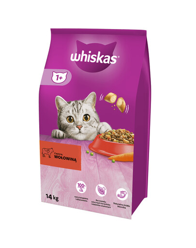 WHISKAS Adult s hovädzím mäsom 14 kg + WHISKAS Hovädzie v omáčke 12x400 g