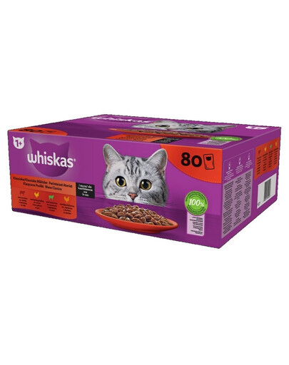 WHISKAS Adult 80×85g Kapsička s hovädzím, kuracím mäsom, jahňacinou a hydinou