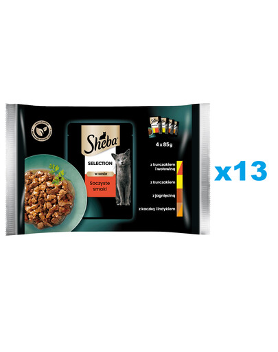 SHEBA Selection Šťavnaté príchute vrecúška 52x85 g kompletné mokré krmivo pre dospelé mačky v kúskoch omáčky s kuracím a hovädzím mäsom, kuracím, jahňacím, kačacím a morčacím mäsom