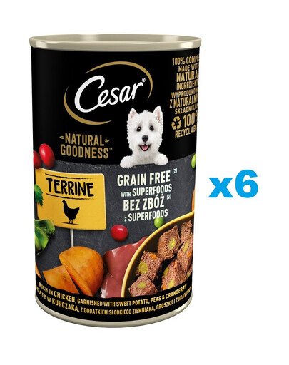 CESAR Prírodná dobrota v terine 6x400g bohatá na kuracie mäso so sladkými zemiakmi, hráškom a brusnicami