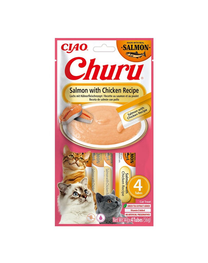 INABA Churu Cat Salmon with Chicken 4x14g krémová pochúťka pre mačky s príchuťou lososa a kuracieho mäsa