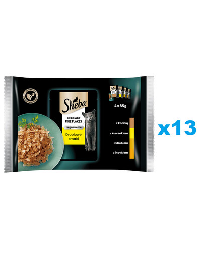 SHEBA Delicacy Fine Flakes Hydinové príchute vrecúška 52x85 g kompletné krmivo pre dospelé mačky v kúskoch želé s: kačicou, kuracím mäsom, hydinou, morkou