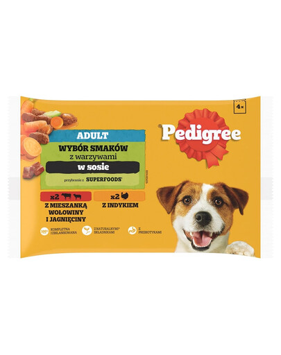 PEDIGREE Adult hovädzie, jahňacie, morčacie a mrkva pre dospelých psov 4x100g
