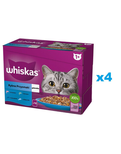WHISKAS Adult vrecúško 48x85g Rybie pochúťky - krmivo pre dospelé mačky v želé s: lososom, tuniakom, treskou, bielou rybou
