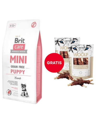 BRIT Care Mini Grain Free Mini Puppy Lamb 7 kg + WOOLF Chicken And Rawhide Twister 2 x 100 g sušená koža obalená kuracím mäsom ZADARMO