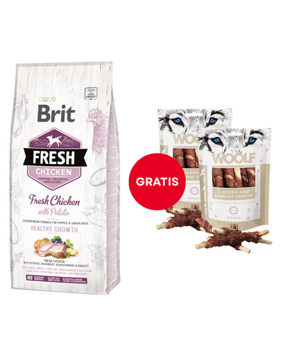 BRIT Fresh Chicken with Potato Puppy Healthy Growth 12 kg + WOOLF Chicken And Rawhide Twister 2 x 100 g sušená koža obalená kuracím mäsom ZADARMO