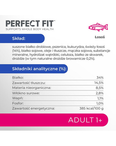 PERFECT FIT Adult 1+ 7 kg sucha karma pełnoporcjowa dla dorosłych kotów bogata w świeżego łososia