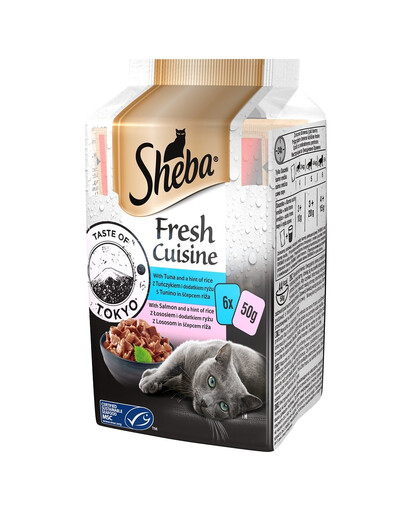 SHEBA Fresh Cuisine Taste of Tokyo kompletné krmivo pre dospelé mačky s tuniakom a ryžou, s lososom a ryžou, vrecúško 6x50g