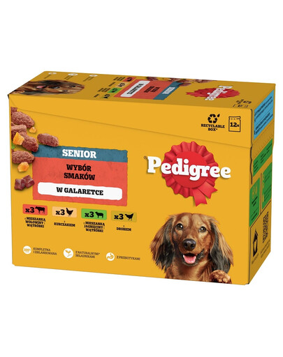 PEDIGREE Senior Výber Chutí vrecká 12x100 g mokrá kompletná strava pre dospelých psov s mixom hovädziny a pečene, s kuracím mäsom, s mixom jahňaciny a pečene, s hydinou v želé