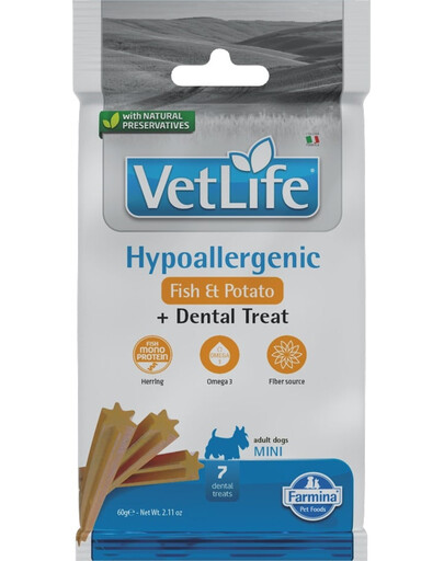FARMINA Vet Life Dental Treat Hypoallergenic Fish Mini 60 g (7 ks) Dentálna maškrta pre psov s rybou a batatom