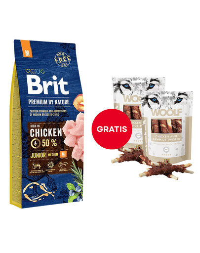 BRIT Premium By Nature Junior Medium M Chicken 15 kg + WOOLF Chicken And Rawhide Twister 2 x 100g suszona skóra owinięta kurczakiem GRATIS