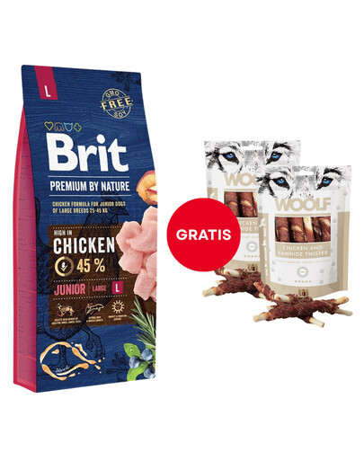 BRIT Premium By Nature Junior Large L Chicken 15 kg + WOOLF Chicken And Rawhide Twister 2 x 100g suszona skóra owinięta kurczakiem GRATIS