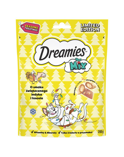 DREAMIES Mix 200g Doplnkové krmivo s príchuťou vianočného moriaka a lososa pre dospelé mačky a mačiatka staršie ako 8 týždňov