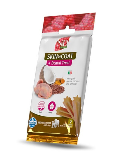 FARMINA N&D Quinoa Dental Treat Skin & Coat Quail Medium/Maxi 100 g (7 ks) Dentálna maškrta s prepeličím mäsom pre stredné a veľké psy