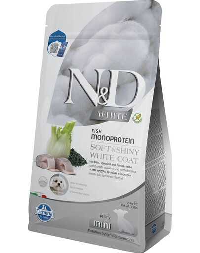FARMINA N&D White Dog Puppy Mini 1,5kg Krmivo morský okoun, spirulina a fenikel