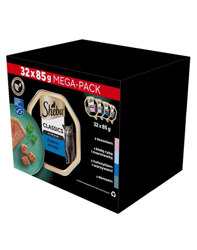 SHEBA Paštéty biela ryba, treska, losos a tuniak 32x85g