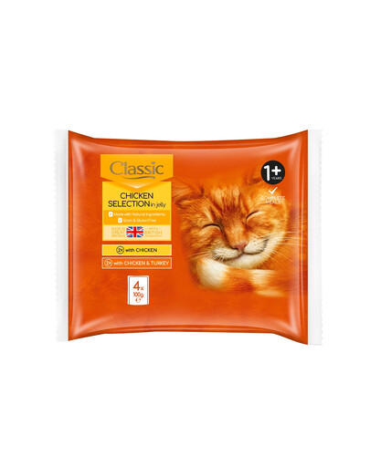 BUTCHER'S Classic Mix vrecko s príchuťou 4x100g s kuracím mäsom a kuracím a morčacím mäsom v želé