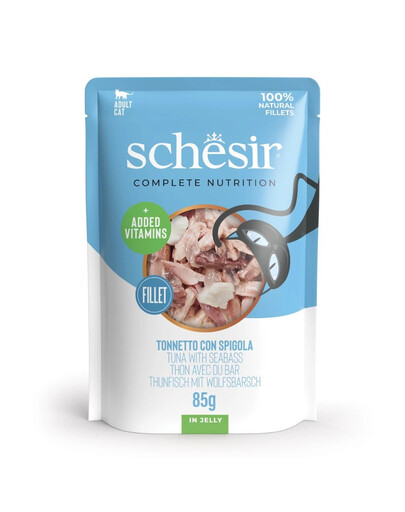 SCHESIR Jelly Adult Tuniak a morský ostriež v želé pre mačky 85 g