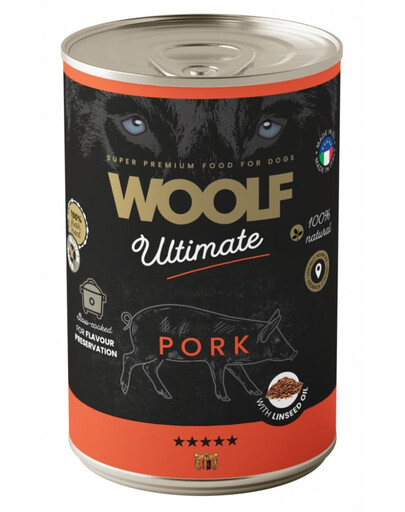 WOOLF Ultimate Adult Dog Pork and Linseed Oil 400g krmivo v konzervě s bravčovým mäsom a ľanovým olejom pre psov
