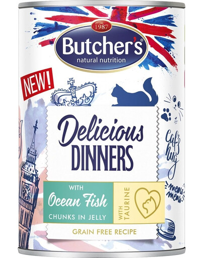 BUTCHER'S Delicious Dinners, karma dla kota, kawałki z rybą morską w galaretce, 400g
