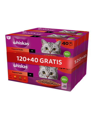 WHISKAS Kompletné krmivo Classic Meals pre dospelé mačky v omáčke 120x85 g + 40 vrecúšok ZDARMA