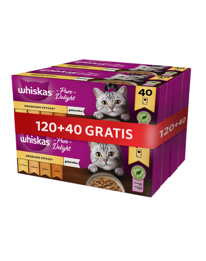 WHISKAS Krmivo pre dospelých 120x85g Hydinové príchute mokré krmivo pre mačky v želé (s kuracím mäsom, s kačacou, s hydinou, s morkou) + 40 vrecúšok ZADARMO
