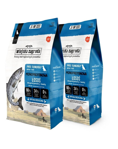 WIEJSKA ZAGRODA Monobielková Losos pre psov chrumkavé S/M 2x6 kg
