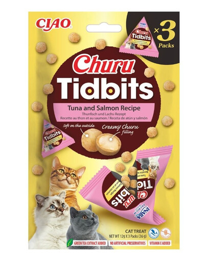 INABA Cat Churu Tidbits Tuna and Salmon Recipe 3x12g mäkké a krémové pochúťky s tuniakom a lososom pre mačky