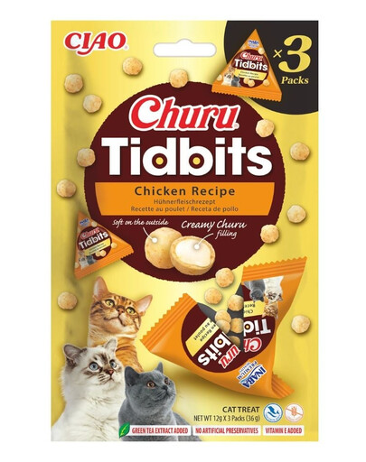 INABA Cat Churu Tidbits Chicken Recipe 3x12g mäkké a krémové maškrty s kuracím mäsom a lososom pre mačky