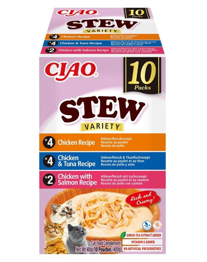 INABA Cat Ciao Stew Creamy Variety 10x40g mix maškŕt s kuracím, tuniakovým a lososovým mäsom v krémovej omáčke