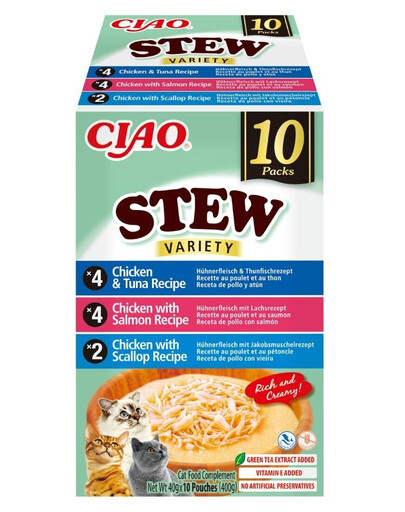 INABA Cat Ciao Stew Creamy Variety 10x40g mix maškŕt z kuracím, rybou a mušľami v krémovej omáčke