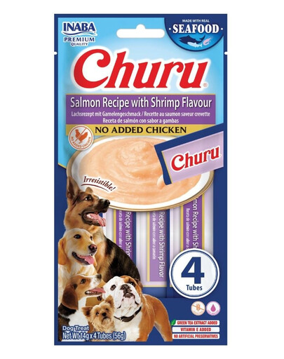 INABA Dog Churu Fish Based Salmon with Shrimp Recipe 4x14g krémové maškrty s lososom a krevetami pre psov