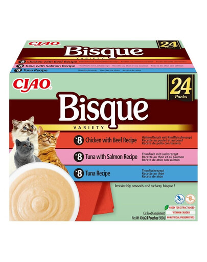 INABA Cat Ciao Bisque Variety 24x40g mix zup krém z tuniakom, hovädzím a kuracím pre mačky