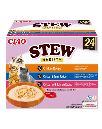 INABA Cat Ciao Stew Creamy Variety 24x40g mix maškŕt s kuracím, tuniakovým a lososovým mäsom v krémovej omáčke