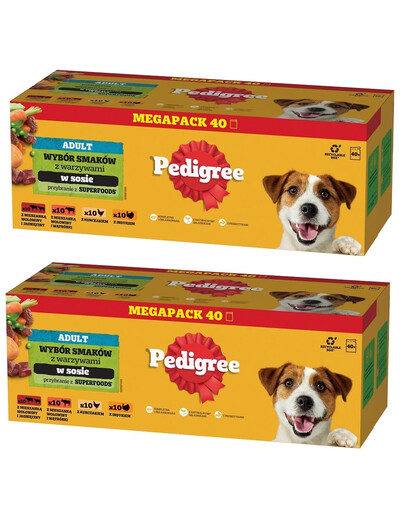 PEDIGREE Adult Wybór Smaków z warzywami saszetki 80x100 g mokra karma pełnoporcjowa dla dorosłych psów, z mieszanką wołowiny i jagnięciny, z mieszanką wołowiny i wątróbki, z kurczakiem, z indykiem, w sosie