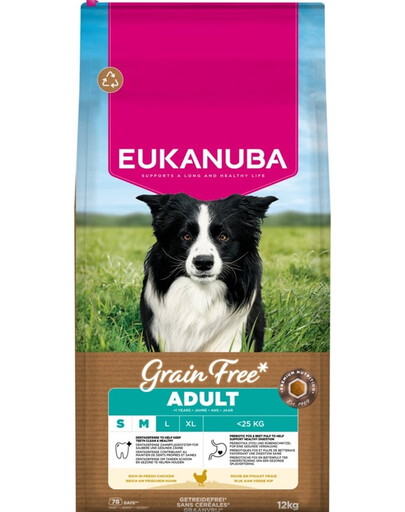 EUKANUBA Grain Free Adult Small Medium Chicken 12 kg bezobilná krmivo pre psov malých a stredných plemien s kuracím mäsom