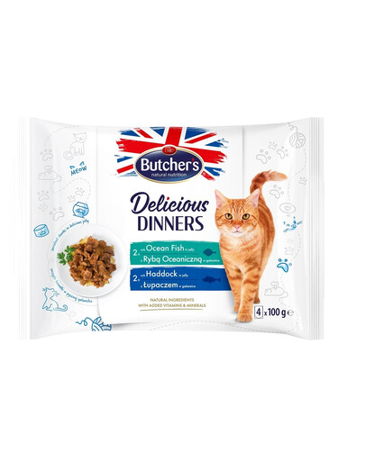 BUTCHER'S kúsky v želé pre dospelé mačky 4x100g s morskými rybami, s treskou treskou