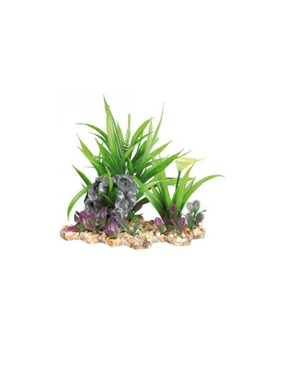 TRIXIE Akvarijná plastová rastlina so skalkou na podstavci. 18 cm
