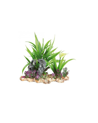 TRIXIE Akvarijná plastová rastlina so skalkou na podstavci. 28 cm